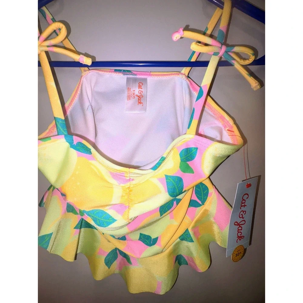 Cat & Jack Girls Lemon Print Tankini Swim Top Yellow Pink Size S 6-7 NWT